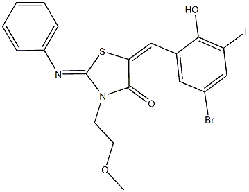 5-(5-bromo-2-hydroxy-3-iodobenzylidene)-3-(2-methoxyethyl)-2-(phenylimino)-1,3-thiazolidin-4-one Struktur