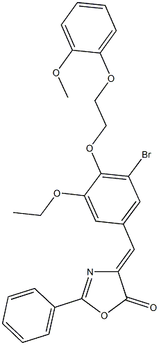 4-{3-bromo-5-ethoxy-4-[2-(2-methoxyphenoxy)ethoxy]benzylidene}-2-phenyl-1,3-oxazol-5(4H)-one Struktur