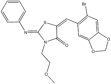 5-[(6-bromo-1,3-benzodioxol-5-yl)methylene]-3-(2-methoxyethyl)-2-(phenylimino)-1,3-thiazolidin-4-one Struktur