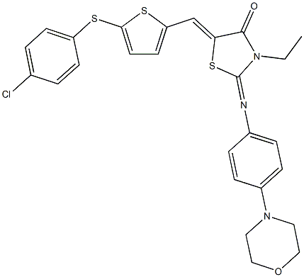 5-({5-[(4-chlorophenyl)sulfanyl]thien-2-yl}methylene)-3-ethyl-2-[(4-morpholin-4-ylphenyl)imino]-1,3-thiazolidin-4-one Struktur