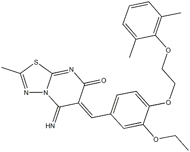 6-{4-[2-(2,6-dimethylphenoxy)ethoxy]-3-ethoxybenzylidene}-5-imino-2-methyl-5,6-dihydro-7H-[1,3,4]thiadiazolo[3,2-a]pyrimidin-7-one Struktur