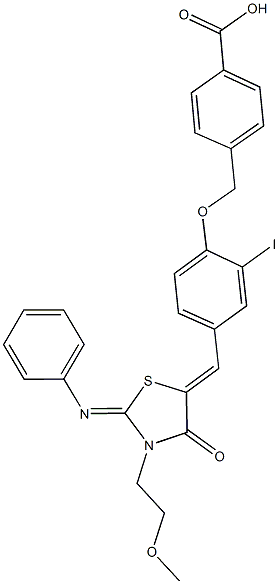 4-[(2-iodo-4-{[3-(2-methoxyethyl)-4-oxo-2-(phenylimino)-1,3-thiazolidin-5-ylidene]methyl}phenoxy)methyl]benzoic acid Struktur