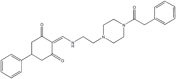 5-phenyl-2-[({2-[4-(phenylacetyl)-1-piperazinyl]ethyl}amino)methylene]-1,3-cyclohexanedione Struktur