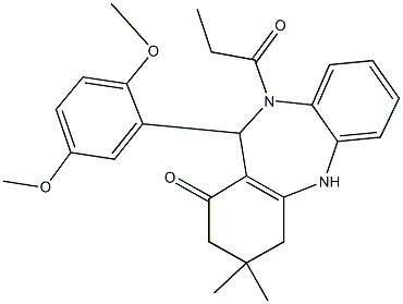 11-(2,5-dimethoxyphenyl)-3,3-dimethyl-10-propionyl-2,3,4,5,10,11-hexahydro-1H-dibenzo[b,e][1,4]diazepin-1-one Struktur