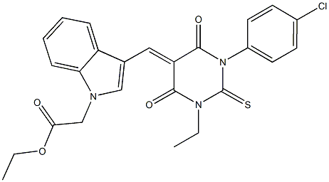 ethyl {3-[(1-(4-chlorophenyl)-3-ethyl-4,6-dioxo-2-thioxotetrahydropyrimidin-5(2H)-ylidene)methyl]-1H-indol-1-yl}acetate Struktur