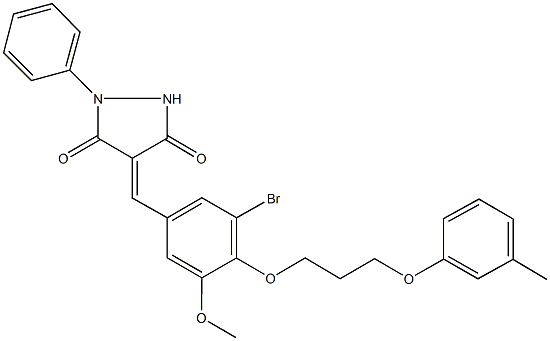 4-{3-bromo-5-methoxy-4-[3-(3-methylphenoxy)propoxy]benzylidene}-1-phenyl-3,5-pyrazolidinedione Struktur