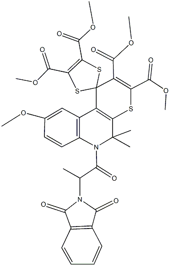 tetramethyl 6'-[2-(1,3-dioxo-1,3-dihydro-2H-isoindol-2-yl)propanoyl]-9'-methoxy-5',5'-dimethyl-5',6'-dihydrospiro(1,3-dithiole-2,1'-[1'H]-thiopyrano[2,3-c]quinoline)-2',3',4,5-tetracarboxylate Struktur