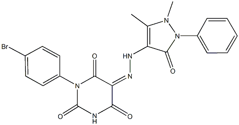 1-(4-bromophenyl)-2,4,5,6(1H,3H)-pyrimidinetetrone 5-[(1,5-dimethyl-3-oxo-2-phenyl-2,3-dihydro-1H-pyrazol-4-yl)hydrazone] Struktur