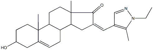 16-[(1-ethyl-5-methyl-1H-pyrazol-4-yl)methylene]-3-hydroxyandrost-5-en-17-one Struktur