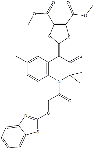 dimethyl 2-(1-[(1,3-benzothiazol-2-ylsulfanyl)acetyl]-2,2,6-trimethyl-3-thioxo-2,3-dihydro-4(1H)-quinolinylidene)-1,3-dithiole-4,5-dicarboxylate Struktur