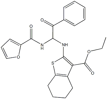 ethyl 2-{[1-(2-furoylamino)-2-oxo-2-phenylethyl]amino}-4,5,6,7-tetrahydro-1-benzothiophene-3-carboxylate Struktur