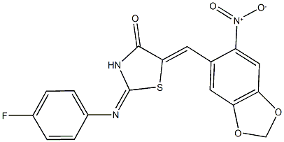 2-[(4-fluorophenyl)imino]-5-({6-nitro-1,3-benzodioxol-5-yl}methylene)-1,3-thiazolidin-4-one Struktur