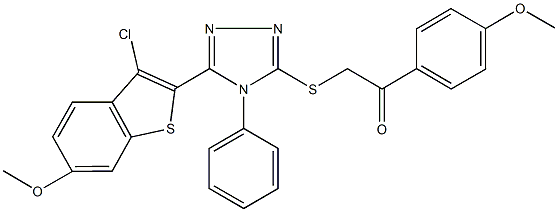 2-{[5-(3-chloro-6-methoxy-1-benzothien-2-yl)-4-phenyl-4H-1,2,4-triazol-3-yl]sulfanyl}-1-(4-methoxyphenyl)ethanone Struktur