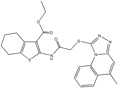 ethyl 2-({[(5-methyl[1,2,4]triazolo[4,3-a]quinolin-1-yl)sulfanyl]acetyl}amino)-4,5,6,7-tetrahydro-1-benzothiophene-3-carboxylate Struktur