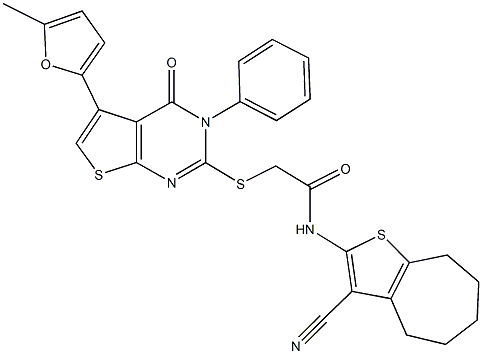 N-(3-cyano-5,6,7,8-tetrahydro-4H-cyclohepta[b]thien-2-yl)-2-{[5-(5-methyl-2-furyl)-4-oxo-3-phenyl-3,4-dihydrothieno[2,3-d]pyrimidin-2-yl]sulfanyl}acetamide Struktur