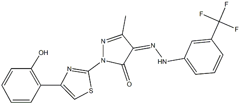 1-[4-(2-hydroxyphenyl)-1,3-thiazol-2-yl]-3-methyl-1H-pyrazole-4,5-dione 4-{[3-(trifluoromethyl)phenyl]hydrazone} Struktur