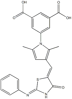 5-(2,5-dimethyl-3-{[4-oxo-2-(phenylimino)-1,3-thiazolidin-5-ylidene]methyl}-1H-pyrrol-1-yl)isophthalic acid Struktur