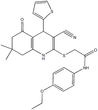 2-{[3-cyano-7,7-dimethyl-5-oxo-4-(2-thienyl)-1,4,5,6,7,8-hexahydro-2-quinolinyl]sulfanyl}-N-(4-ethoxyphenyl)acetamide Struktur