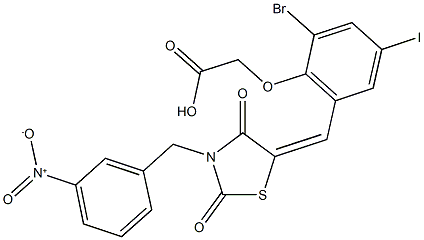 {2-bromo-6-[(3-{3-nitrobenzyl}-2,4-dioxo-1,3-thiazolidin-5-ylidene)methyl]-4-iodophenoxy}acetic acid Struktur