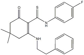 N-(4-fluorophenyl)-4,4-dimethyl-6-oxo-2-[(2-phenylethyl)amino]-1-cyclohexene-1-carbothioamide Struktur