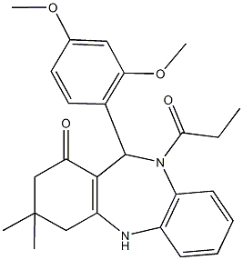 11-(2,4-dimethoxyphenyl)-3,3-dimethyl-10-propionyl-2,3,4,5,10,11-hexahydro-1H-dibenzo[b,e][1,4]diazepin-1-one Struktur