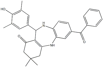 7-benzoyl-11-(4-hydroxy-3,5-dimethylphenyl)-3,3-dimethyl-2,3,4,5,10,11-hexahydro-1H-dibenzo[b,e][1,4]diazepin-1-one Struktur