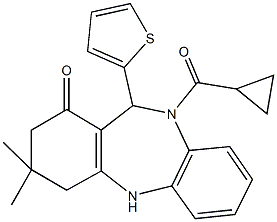 10-(cyclopropylcarbonyl)-3,3-dimethyl-11-(2-thienyl)-2,3,4,5,10,11-hexahydro-1H-dibenzo[b,e][1,4]diazepin-1-one Struktur