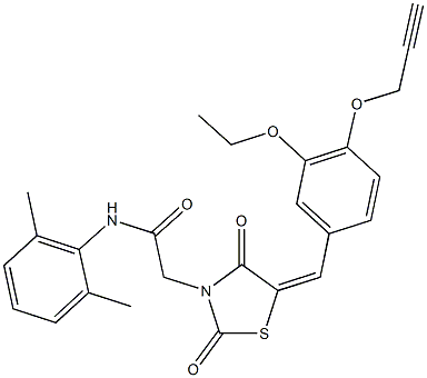 N-(2,6-dimethylphenyl)-2-{5-[3-ethoxy-4-(2-propynyloxy)benzylidene]-2,4-dioxo-1,3-thiazolidin-3-yl}acetamide Struktur