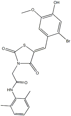 2-[5-(2-bromo-4-hydroxy-5-methoxybenzylidene)-2,4-dioxo-1,3-thiazolidin-3-yl]-N-(2,6-dimethylphenyl)acetamide Struktur