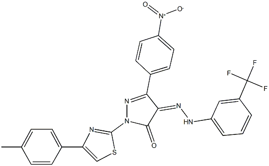 3-{4-nitrophenyl}-1-[4-(4-methylphenyl)-1,3-thiazol-2-yl]-1H-pyrazole-4,5-dione 4-{[3-(trifluoromethyl)phenyl]hydrazone} Struktur