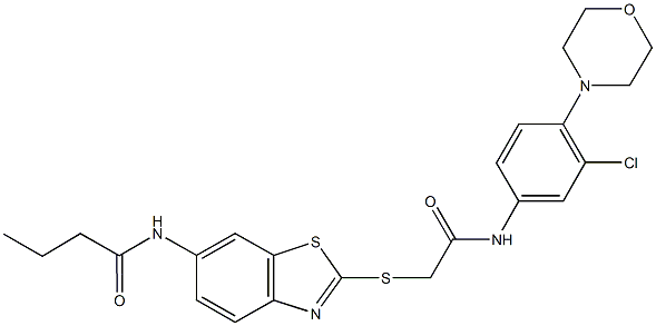 N-[2-({2-[3-chloro-4-(4-morpholinyl)anilino]-2-oxoethyl}sulfanyl)-1,3-benzothiazol-6-yl]butanamide Struktur