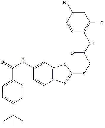 N-(2-{[2-(4-bromo-2-chloroanilino)-2-oxoethyl]sulfanyl}-1,3-benzothiazol-6-yl)-4-tert-butylbenzamide Struktur