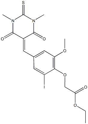 ethyl {4-[(1,3-dimethyl-4,6-dioxo-2-thioxotetrahydro-5(2H)-pyrimidinylidene)methyl]-2-iodo-6-methoxyphenoxy}acetate Struktur