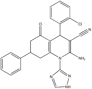 2-amino-4-(2-chlorophenyl)-5-oxo-7-phenyl-1-(1H-1,2,4-triazol-3-yl)-1,4,5,6,7,8-hexahydro-3-quinolinecarbonitrile Struktur