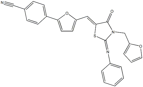 4-(5-{[3-(2-furylmethyl)-4-oxo-2-(phenylimino)-1,3-thiazolidin-5-ylidene]methyl}-2-furyl)benzonitrile Struktur