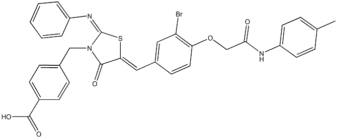 4-{[5-{3-bromo-4-[2-oxo-2-(4-toluidino)ethoxy]benzylidene}-4-oxo-2-(phenylimino)-1,3-thiazolidin-3-yl]methyl}benzoic acid Struktur