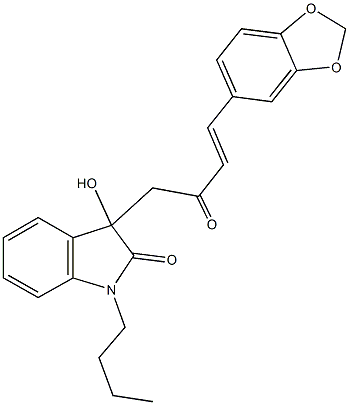 3-[4-(1,3-benzodioxol-5-yl)-2-oxo-3-butenyl]-1-butyl-3-hydroxy-1,3-dihydro-2H-indol-2-one Struktur