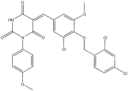 5-{3-chloro-4-[(2,4-dichlorobenzyl)oxy]-5-methoxybenzylidene}-1-(4-methoxyphenyl)-2,4,6(1H,3H,5H)-pyrimidinetrione Struktur