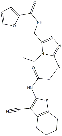 N-{[5-({2-[(3-cyano-4,5,6,7-tetrahydro-1-benzothien-2-yl)amino]-2-oxoethyl}sulfanyl)-4-ethyl-4H-1,2,4-triazol-3-yl]methyl}-2-furamide Struktur