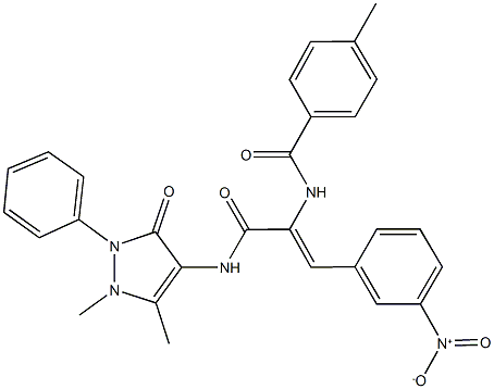 N-(1-{[(1,5-dimethyl-3-oxo-2-phenyl-2,3-dihydro-1H-pyrazol-4-yl)amino]carbonyl}-2-{3-nitrophenyl}vinyl)-4-methylbenzamide Struktur