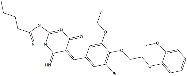 6-{3-bromo-5-ethoxy-4-[2-(2-methoxyphenoxy)ethoxy]benzylidene}-2-butyl-5-imino-5,6-dihydro-7H-[1,3,4]thiadiazolo[3,2-a]pyrimidin-7-one Struktur