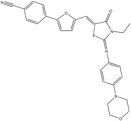 4-{5-[(3-ethyl-2-{[4-(4-morpholinyl)phenyl]imino}-4-oxo-1,3-thiazolidin-5-ylidene)methyl]-2-furyl}benzonitrile Struktur