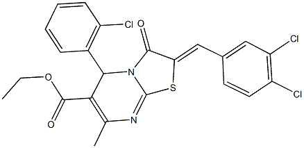 ethyl 5-(2-chlorophenyl)-2-(3,4-dichlorobenzylidene)-7-methyl-3-oxo-2,3-dihydro-5H-[1,3]thiazolo[3,2-a]pyrimidine-6-carboxylate Struktur