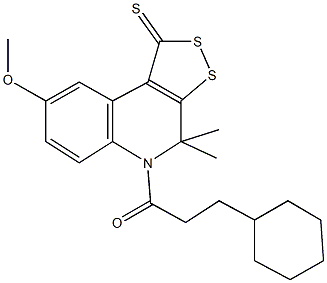 5-(3-cyclohexylpropanoyl)-8-methoxy-4,4-dimethyl-4,5-dihydro-1H-[1,2]dithiolo[3,4-c]quinoline-1-thione Struktur