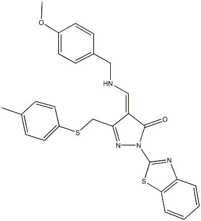 2-(1,3-benzothiazol-2-yl)-4-{[(4-methoxybenzyl)amino]methylene}-5-{[(4-methylphenyl)sulfanyl]methyl}-2,4-dihydro-3H-pyrazol-3-one Struktur