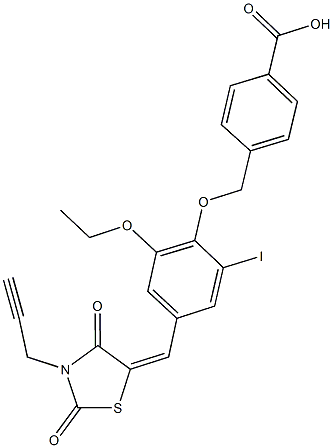 4-[(4-{[2,4-dioxo-3-(2-propynyl)-1,3-thiazolidin-5-ylidene]methyl}-2-ethoxy-6-iodophenoxy)methyl]benzoic acid Struktur