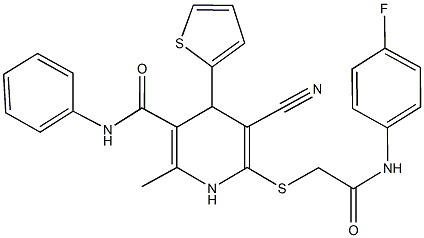 5-cyano-6-{[2-(4-fluoroanilino)-2-oxoethyl]sulfanyl}-2-methyl-N-phenyl-4-(2-thienyl)-1,4-dihydro-3-pyridinecarboxamide Struktur