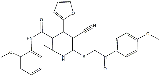 5-cyano-4-(2-furyl)-N-(2-methoxyphenyl)-6-{[2-(4-methoxyphenyl)-2-oxoethyl]sulfanyl}-2-methyl-1,4-dihydro-3-pyridinecarboxamide Struktur