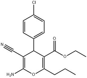 ethyl 6-amino-4-(4-chlorophenyl)-5-cyano-2-propyl-4H-pyran-3-carboxylate Struktur