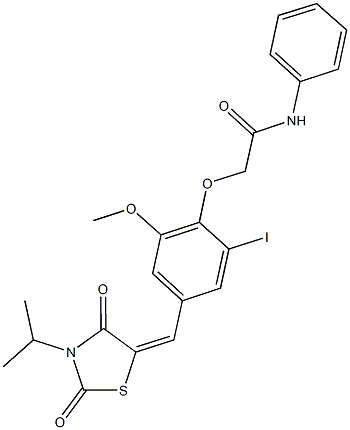 2-{2-iodo-4-[(3-isopropyl-2,4-dioxo-1,3-thiazolidin-5-ylidene)methyl]-6-methoxyphenoxy}-N-phenylacetamide Struktur